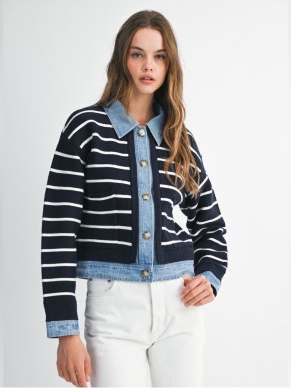 MABLE Navy and White Striped Knit Jean-Trim Jacket - Picture 7 of 8